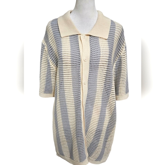 MASSIVE LUXURY Crochet OpenKnit ShortSleeve Button Shirt.Blue/cream Stripe L NWT - Picture 1 of 12